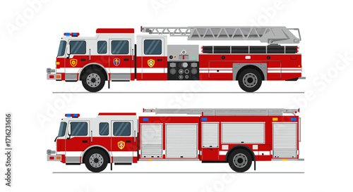 Red fire truck side view set: detailed emergency vehicle design