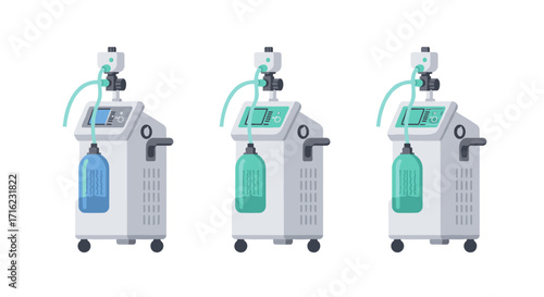 Modern respiratory machines in flat design for healthcare and medical use
