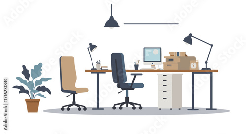 Modern office workspace with computer and desk chairs