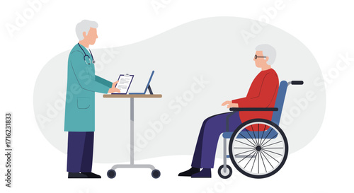 Doctor consulting senior patient in wheelchair for healthcare checkup in modern flat style