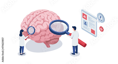 Isometric analysis of human brain by scientists in laboratory environment with digital interface