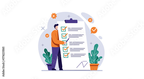 Efficient task management with checklist concept in modern flat design
