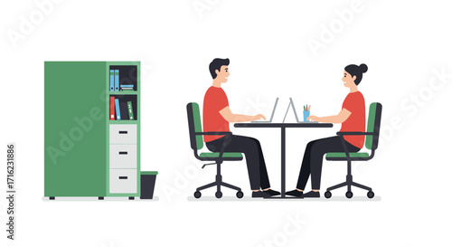 Office collaboration scene with colleagues working at desk in modern workspace