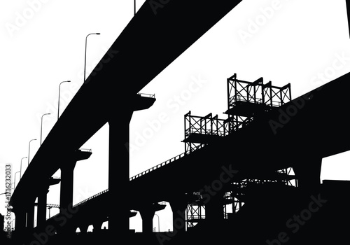 silhouette, highway, overpass, bridge, elevated, road, pillar, scaffold, construction, site, structure, vector, black, icon, design, architecture, project, industrial, engineering, infrastructure