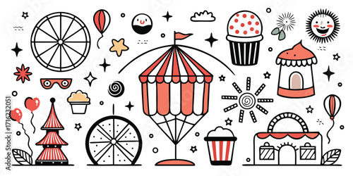 Whimsical carnival collection featuring ferris wheels tents and sweet treats