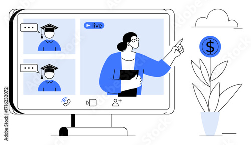 Teacher conducting an interactive live session with two students in graduation caps, digital collaboration icons, and a dollar sign plant representing growth. Ideal for education, e-learning