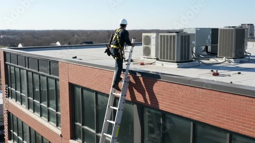 Technician, building and man climbing ladder for maintenance, aircon installation or inspection. Safety, roof and male employee with hardhat for development project, ac repair or test equipment