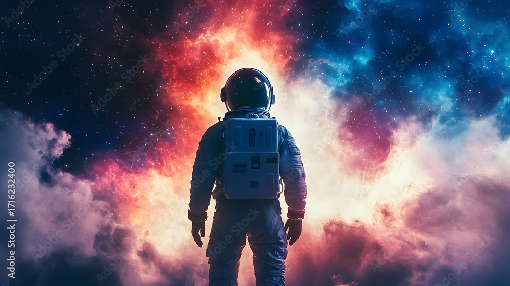 Naklejka premium An astronaut stands in awe before a breathtaking nebula, with vibrant colors and cosmic dust illuminating the vast expanse of space and the mysteries beyond us all.
