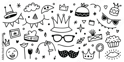 Whimsical hand-drawn party elements collection for celebrations and fun occasions