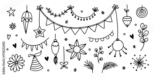 Hand drawn festive holiday decorations string lights bunting stars ornaments and pine sprigs
