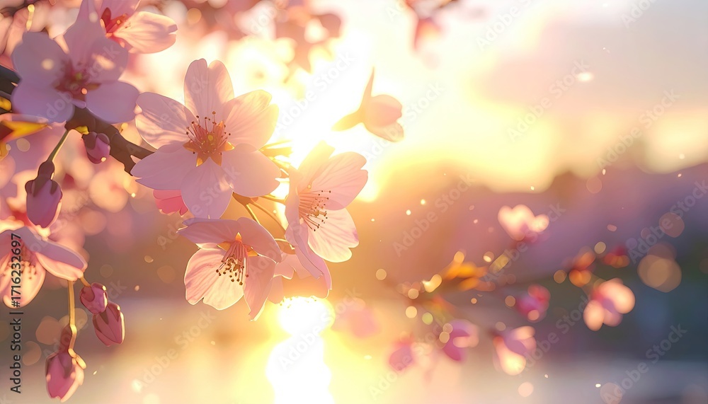 Fototapeta premium Dreamy Cherry Blossom Branch Against Golden Sunlight Sky in Springtime Landscape