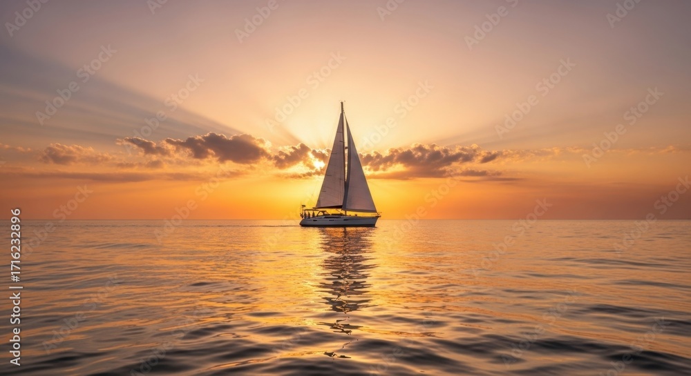 Fototapeta premium Majestic Sailboat Glides Across Ocean During Golden Hour Sunset