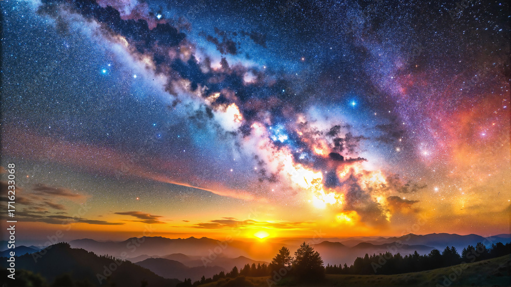 Fototapeta premium Milky Way over mountains at sunset