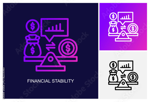 Financial Stability Icon.Style Is A Line Graphic Symbol In Black, Gradient, White Color Variants