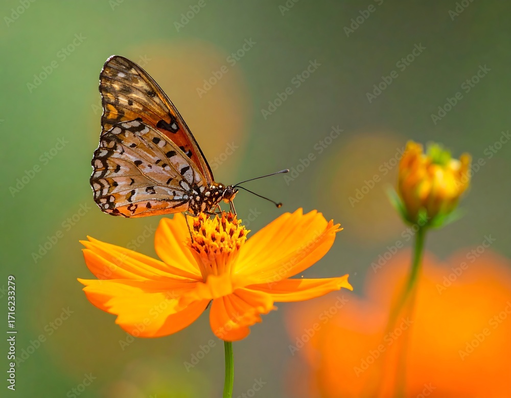 Obraz premium Close-up of butterfly on a vibrant orange flower