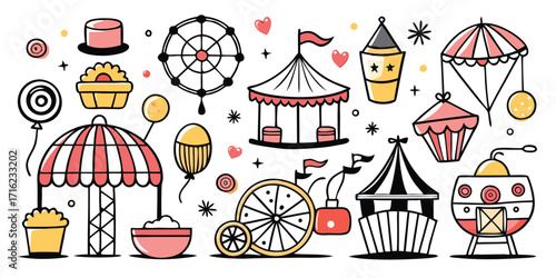 Charming carnival and circus elements hand-drawn style featuring rides and treats
