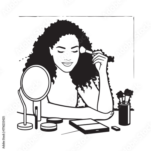Black and white line art of a beautiful woman doing makeup at dressing table with mirror illustration