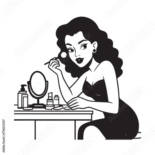 Black and white line art of a beautiful woman doing makeup at dressing table with mirror illustration