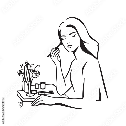 Black and white line art of a beautiful woman doing makeup at dressing table with mirror illustration