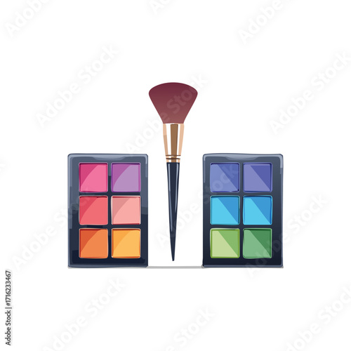 Colorful eyeshadow palettes and makeup brush, ready for application.