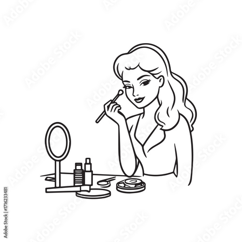 Black and white line art of a beautiful woman doing makeup at dressing table with mirror illustration