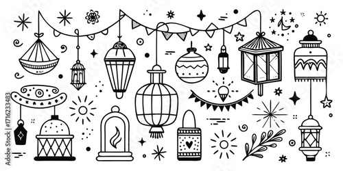 Whimsical hand drawn lanterns and festive decorations for celebrations and events