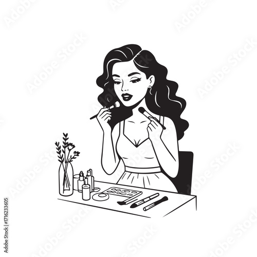Black and white line art of a beautiful woman doing makeup at dressing table with mirror illustration