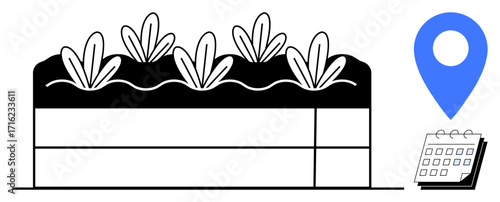 Raised garden bed with sprouting plants, blue location marker, stacked calendar. Ideal for agriculture, gardening, planning, sustainability, urban farming scheduling growth concepts. Simple flat