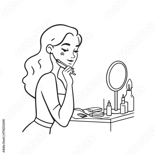Black and white line art of a beautiful woman doing makeup at dressing table with mirror illustration