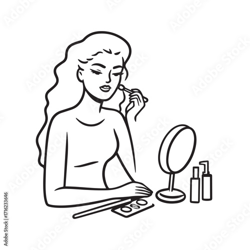 Black and white line art of a beautiful woman doing makeup at dressing table with mirror illustration