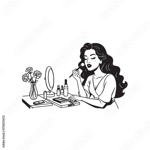 Black and white line art of a beautiful woman doing makeup at dressing table with mirror illustration
