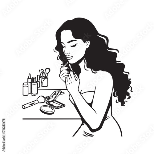 Black and white line art of a beautiful woman doing makeup at dressing table with mirror illustration