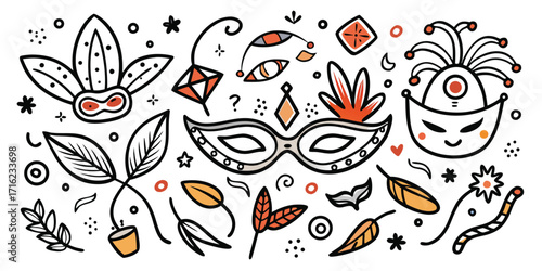 Whimsical hand-drawn masquerade masks and festive elements doodle collection