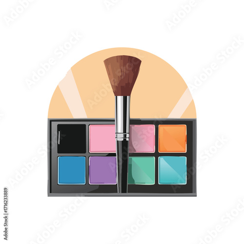 Makeup palette with colorful eyeshadows and a fluffy brush, set against a light peach background.