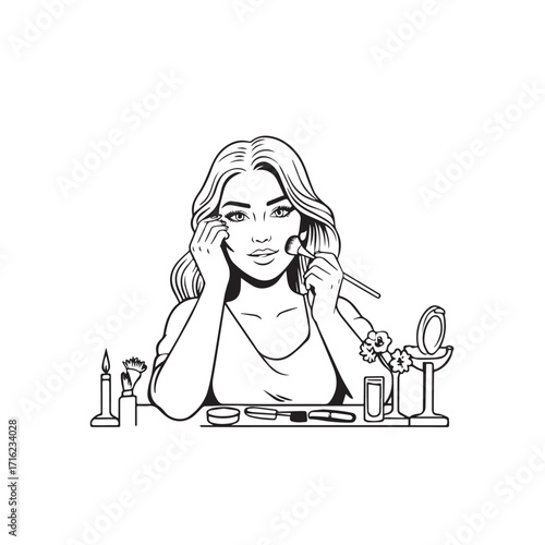 Black and white line art of a beautiful woman doing makeup at dressing table with mirror illustration