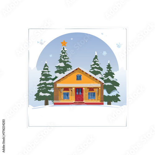 A cozy yellow wooden cabin nestled in a snowy forest, under a winter sky.