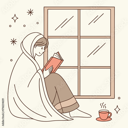 Cozy lifestyle illustration of a person wrapped in a blanket enjoying a warm and comfortable moment at home