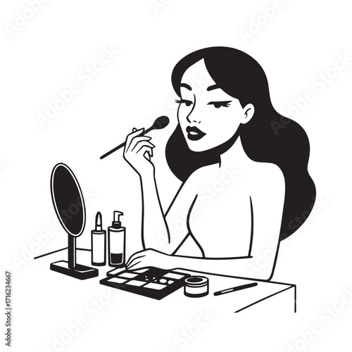 Black and white line art of a beautiful woman doing makeup at dressing table with mirror illustration
