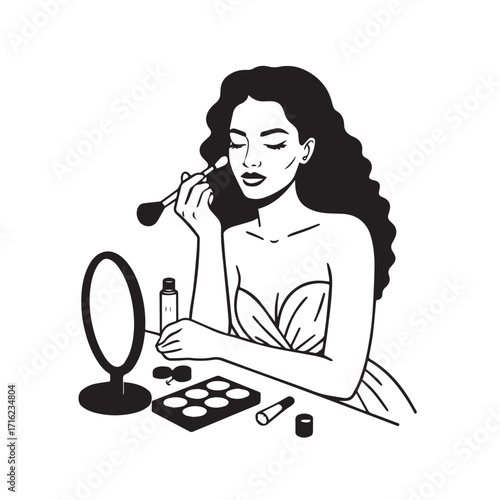 Black and white line art of a beautiful woman doing makeup at dressing table with mirror illustration