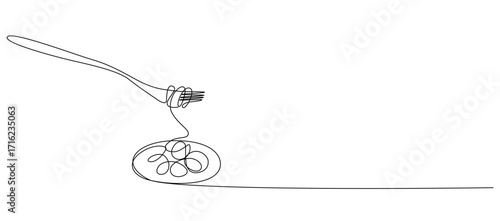 Single continuous line drawing of delicious spaghetti with fork. Italian spaghetti noodle for web banner and food delivery service.Vector illustration eps 10