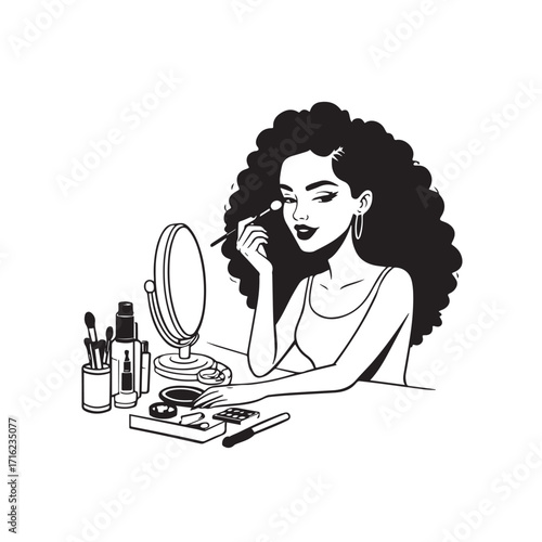 Black and white line art of a beautiful woman doing makeup at dressing table with mirror illustration