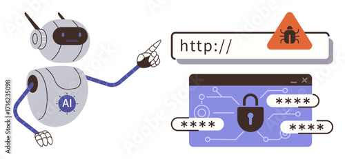 Robot pointing at malware warning on a browser bar and secured password field emphasizing cybersecurity. Ideal for online safety, AI usage, technology risks, malware detection, programming, secure