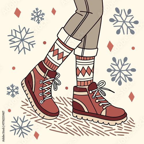 Cozy winter illustration of warm insulated boots perfect for snowy weather and outdoor activities