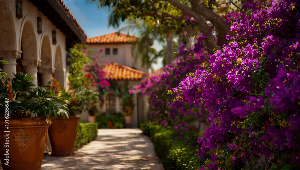 Obraz premium Vibrant purple bougainvillea flowers frame a sunlit pathway leading to an elegant style building