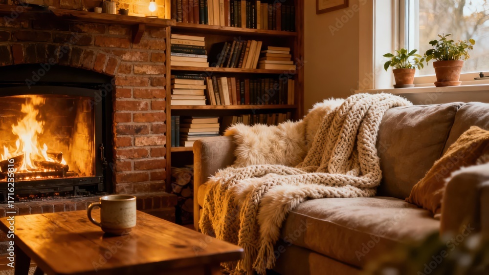 Fototapeta premium Cozy living room scene with a warm fireplace, inviting couch, and a comforting atmosphere.