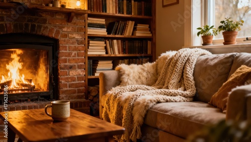 Cozy living room scene with a warm fireplace, inviting couch, and a comforting atmosphere.