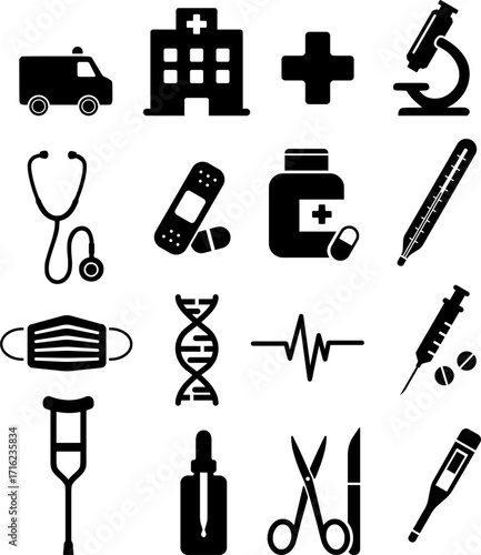 Set of black and white medical icons including ambulance, hospital, stethoscope, syringe, DNA, and more. Ideal for healthcare apps, infographics, and medical designs.