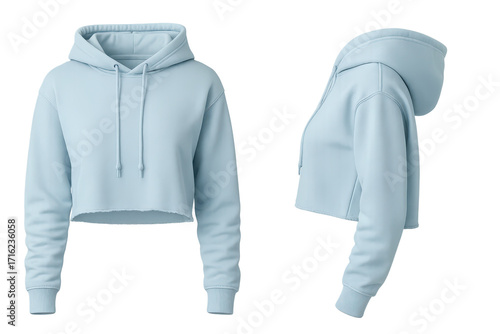 Light blue cropped hoodie isolated on transparent background, front and side views