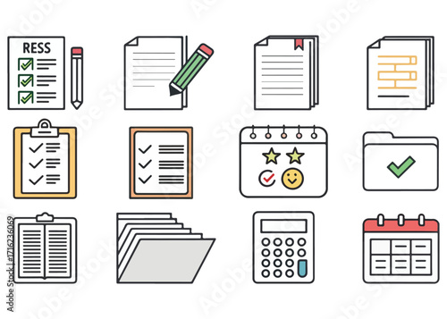 Business Planning and Management Vector Illustration Icons for Documents Meetings and Financial Calculations Representing Effective Organization