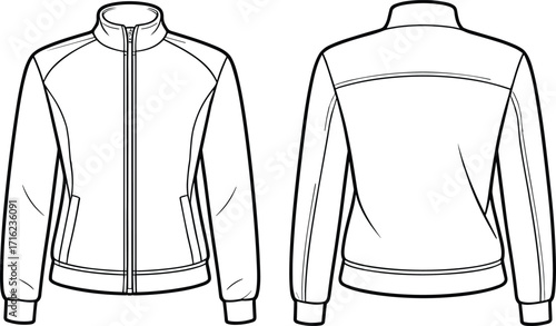 Men's athletic track jacket technical flat sketch, sporty zip-up outerwear design, high neck activewear template, modern jacket illustration